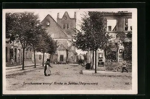 AK Soldau /Ostpreussen, Zerschossene evangl. Kirche