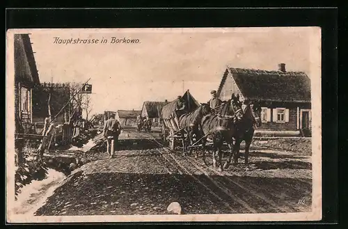 AK Borkowo, Hauptstrasse mit Pferdekarren und Soldaten