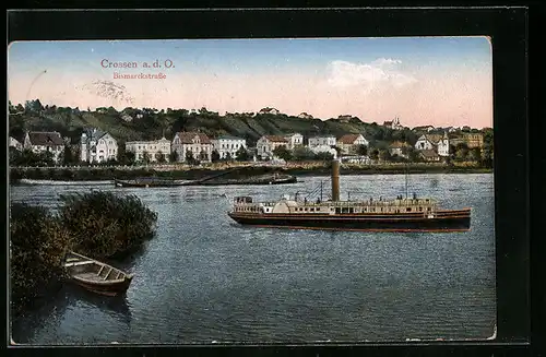 AK Crossen a. d. O., Bismarckstrasse, Dampfer auf See
