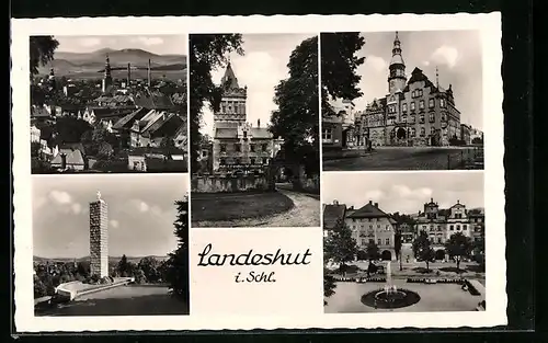 AK Landeshut i. Schl., Ortsansicht aus der Vogelschau, Kirche, Brunnen