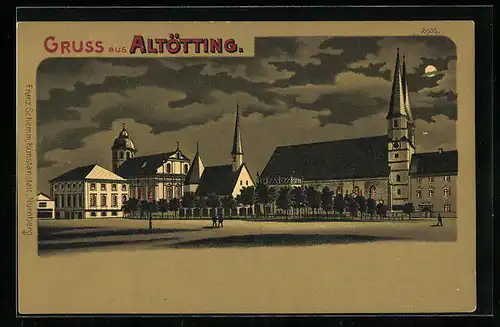 Lithographie Altötting, Ortspartie mit Kirche bei Mondschein