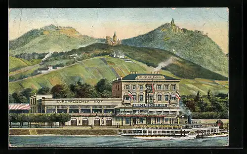 Künstler-AK Königswinter, Hotel Europäischer Hof mit Dampfer