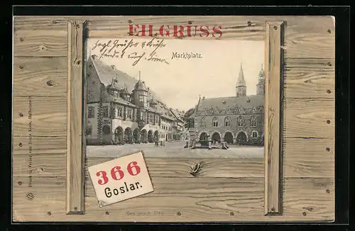 AK Goslar, Marktplatz mit Hotel und Brunnen, Passepartout