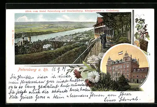 AK Petersberg a. Rh., Hotel auf dem Petersberg, Blick auf Drachenburg, Königswinter und Godesberg