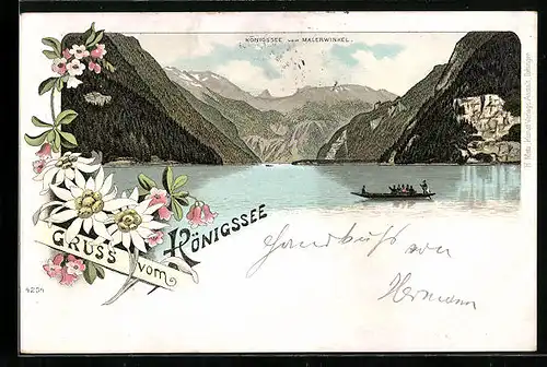 Lithographie Königssee, Teilansicht mit Boot vom Malerwinkel