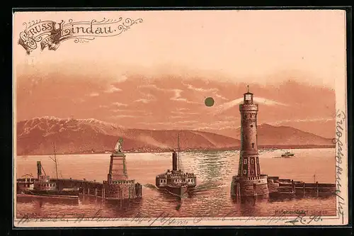 Lithographie Lindau, Hafeneinfahrt mit Leuchtturm und Dampfer
