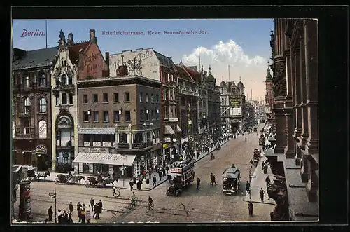 AK Berlin, Friedrichstrasse Ecke Französische Strasse mit Cafe-Bar Union und Hauswandwerbung für Pschorr-Bräu