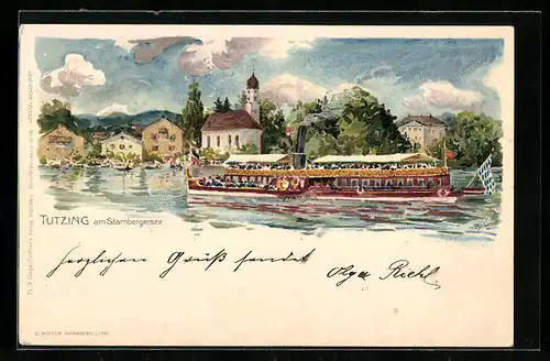 Lithographie Tutzing am Starnbergersee, Uferpartie mit Kirche und Dampfer