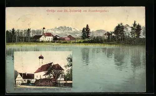 AK St. Heinrich am Starnbergersee, Uferpartie mit Benediktenwand, Gasthof zur Fischer-Rost