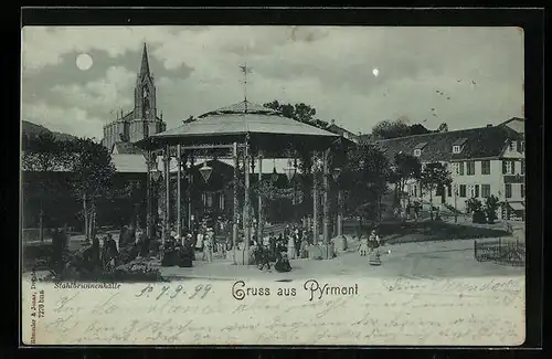 Mondschein-AK Pyrmont, Ortspartie mit Kirche