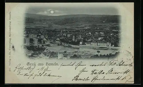 Mondschein-AK Hameln, Teilansicht mit Brücke
