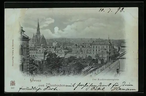 Mondschein-AK Wiesbaden, Kochbrunnenplatz mit Kirche