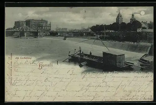 Mondschein-AK Hameln, Uferpartie mit Boot