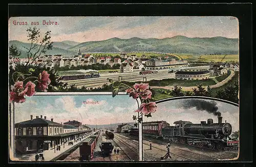 AK Bebra, Gesamtansicht mit Bahnhof, Bahnhof mit Zügen
