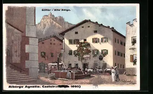 Künstler-AK F.A.C.M. Reisch: Seis am Schlern, Albergo Agnello mit Santnerspitze
