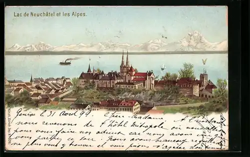 Lithographie Neuchatel, Lac de Neuchatel et les Alpes mit Berggesichtern