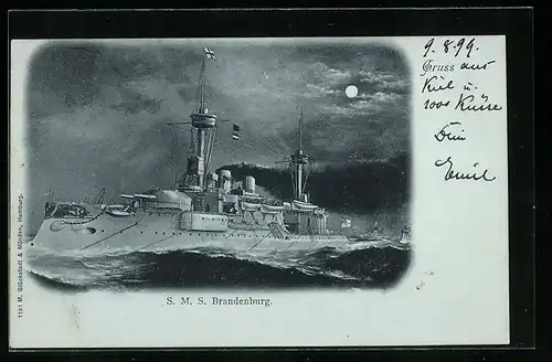 Mondschein-Lithographie S. M. S. Brandenburg des Ostasiengeschwaders auf hoher See