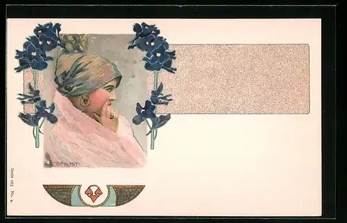 Künstler-AK Gottlieb Theodor Kempf-Hartenkampf: Schönheit mit blauem Kopftuch im Jugendstil