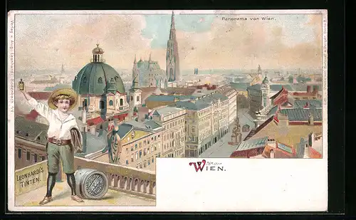Lithographie Wien, Panorama mit Reklame für Leonhardis Tinten