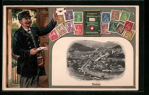 AK Baden, Ortsansicht, Briefträger und Briefmarken