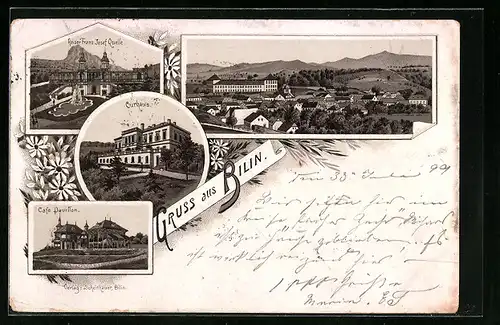 Vorläufer-Lithographie Bilin, 1895, Curhaus, Cafe Pavillon, Kaiser Franz Josef-Quelle