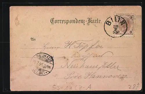 Vorläufer-Lithographie Bilin, 1895, Curhaus, Cafe Pavillon, Kaiser Franz Josef-Quelle