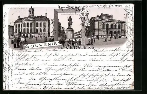 Vorläufer-Lithographie Verviers, 1895, L`Hotel de Ville, Monument Chapuis