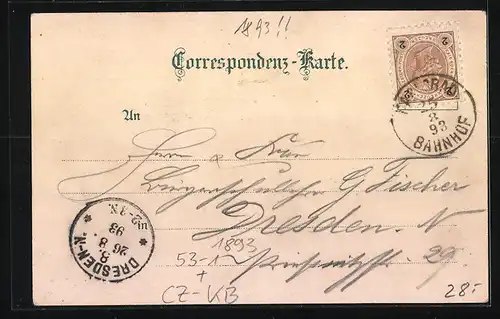 Vorläufer-Lithographie Karlsbad, 1893, Schlossbrunn, Alte und neue Wiese