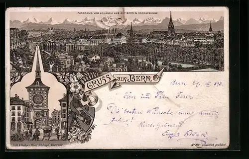 Vorläufer-Lithographie Bern, 1893, Panorama vom Schänzli aus auf Stadt und Hochgebirge