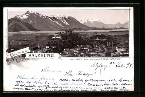 Vorläufer-Lithographie Salzburg, 1893, Ortsansicht vom Kapuzinerberg aus