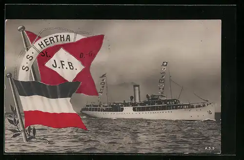 AK Salondampfer SS Hertha in Flaggengala auf hoher See