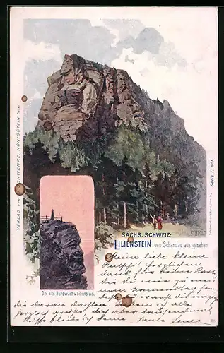 Lithographie Schwenke Ser. 1 Nr. 1: Schandau /Sächs. Schweiz, Lilienstein, Der alte Burgwart, Berggesichter