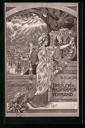Künstler-AK Innsbruck, 15. Gründungsfest 1909, Tiroler-Radfahrerverband, Teilansicht