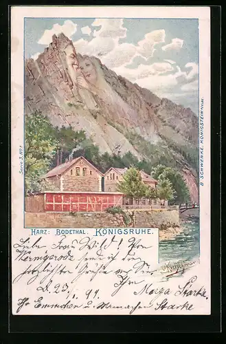 Künstler-AK Schwenke Ser. 3 Nr. 1: Thale / Harz, Hotel Königsruhe im Bodethal, Berg mit Gesicht / Berggesichter