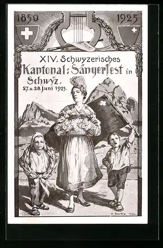 Künstler-AK Schwyz, XIV. Kantonal-Sängerfest 1925, Bäuerin mit Blumenkorb