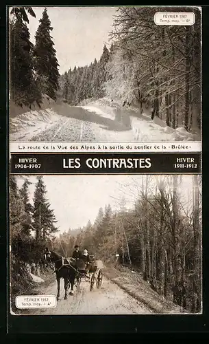 AK Hiver, Les Contrastes, Fevrier 1907 -6°, Fevrier 1912 +4°, Meteorologie, Verschneite Waldstrasse