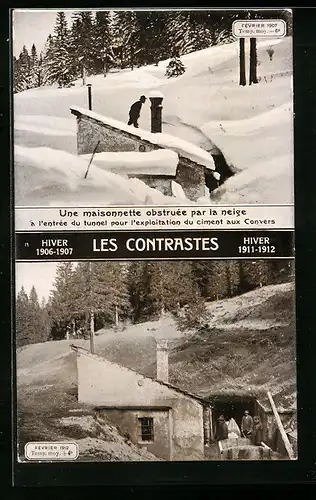 AK Hiver, Les Contrastes, Fevrier 1907 -6°, Fevrier 1912 +4°, Meteorologie