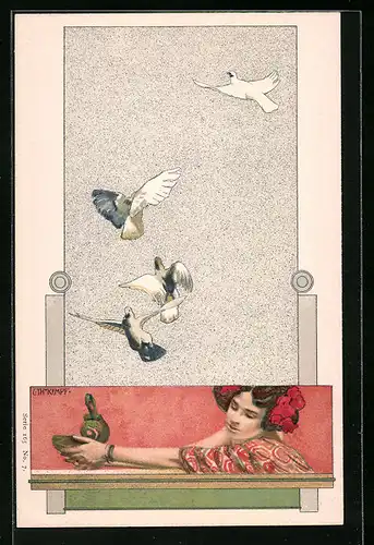 Künstler-AK Gottlieb Theodor Kempf-Hartenkampf: Fliegende Friedenstauben im Jugendstil