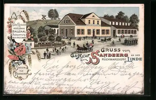 Lithographie Rückmarsdorf, Gasthof zum Sandberg an der Linde, Inh.: Wilh. Kreutzmann