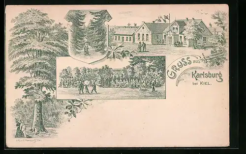 Lithographie Kiel, Gasthaus Karlsburg mit Gartenansicht