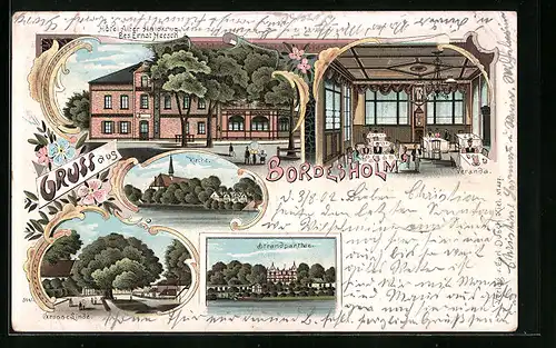 Lithographie Bordesholm, Hôtel Alter Haidkrug, Bes.: Ernst Neesch, Kirche, Strandpartie