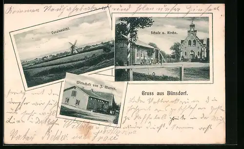 AK Bünsdorf, Ortsansicht mit Windmühle, Wirtschaft von J. Marten, Schule u. Kirche