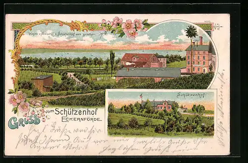 Lithographie Eckernförde, Schützenhof, Hafen und Brauerei