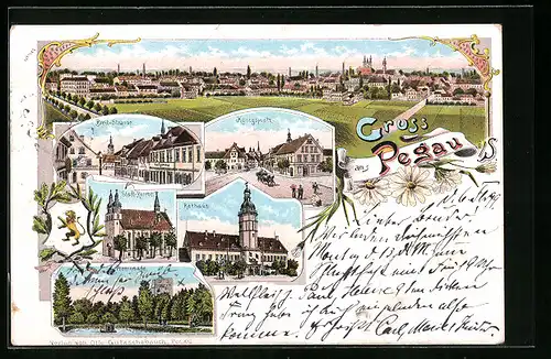 Lithographie Pegau, Ortsansicht, Königsplatz, Rathaus, Stadt-Kirche