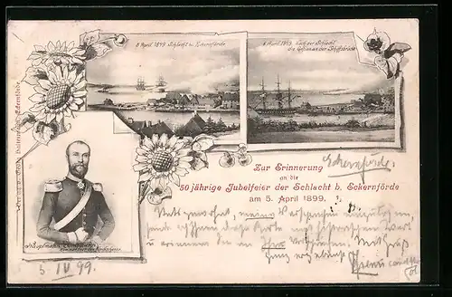 AK Eckernförde, Festpostkarte zur 50jährigen Jubelfeier der Schlacht b. Eckernförde am 5. April 1899