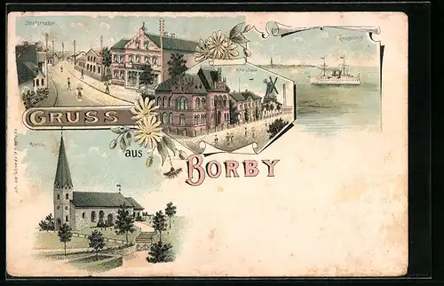 Lithographie Borby, Kreishaus, Dorfstrasse, Kirche, Kriegsschiff