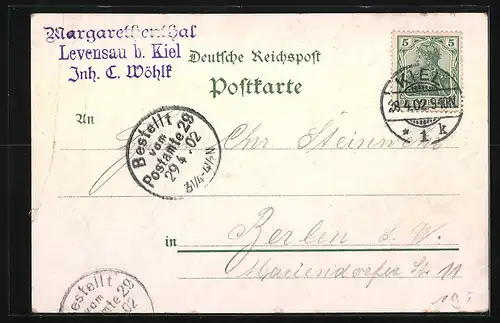 Lithographie Levensau, Margarethenhof, Bes.: Fritz Restorff, Kaiser Wilhelm-Canal mit der Hochbrücke