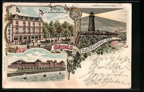 Lithographie Friedrichsort-Kiel, Hotel zur schönen Aussicht, Leuchtturm, Kaserne