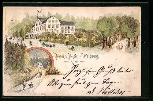 Lithographie Kiel, Hôtel u. Pensionat Waldburg mit Garten