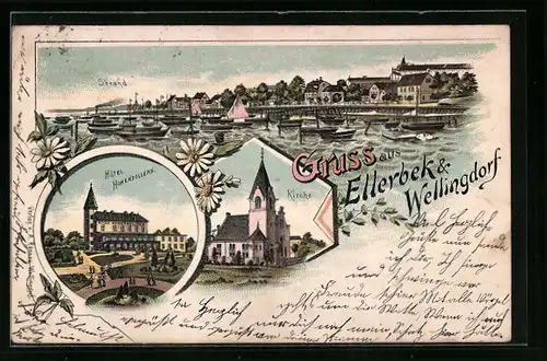 Lithographie Ellerbek, Ortsansicht, Hôtel Hohenzollern, Kirche